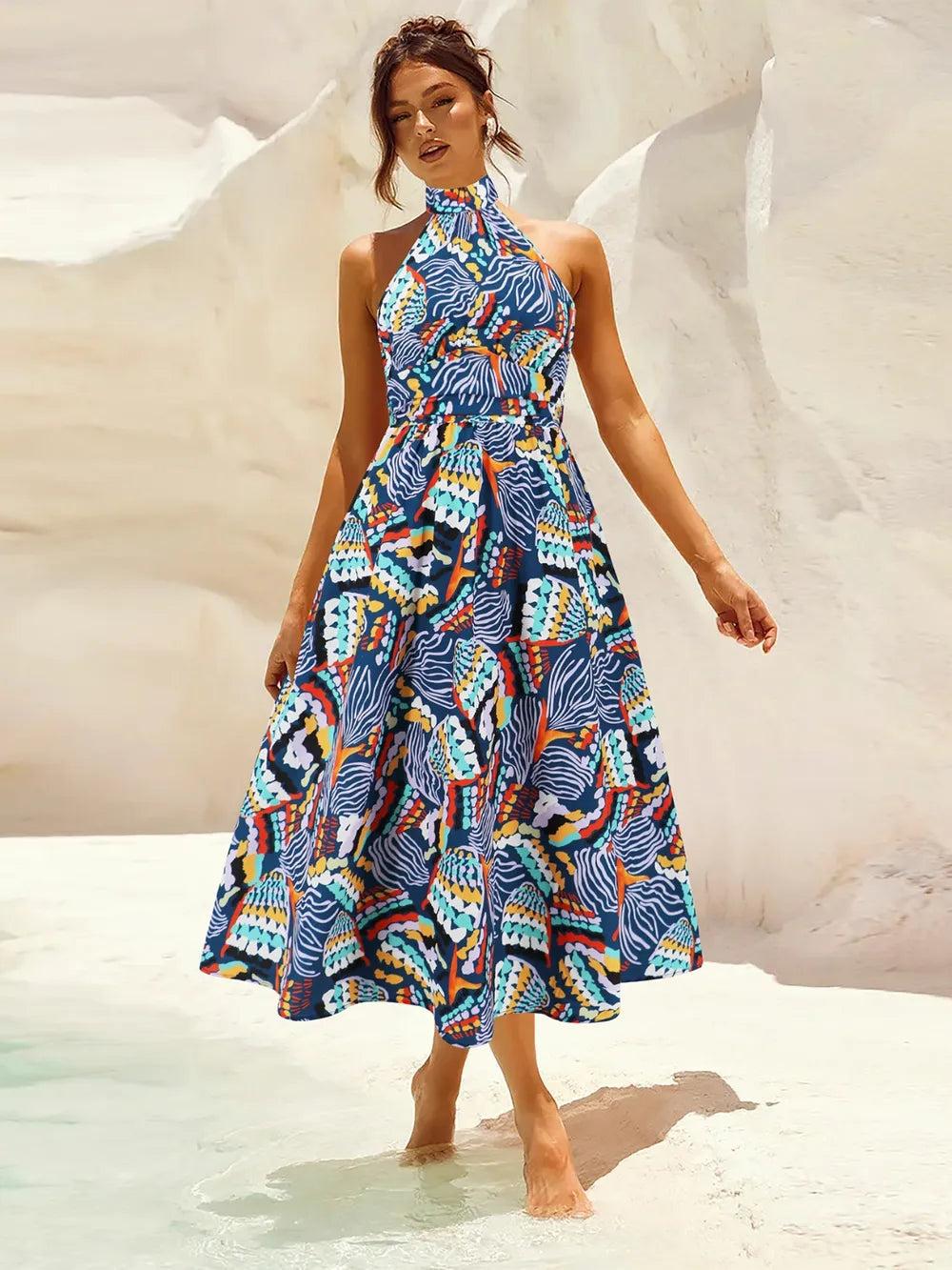 Ruched Printed Halter Neck Midi Dress Trendsi