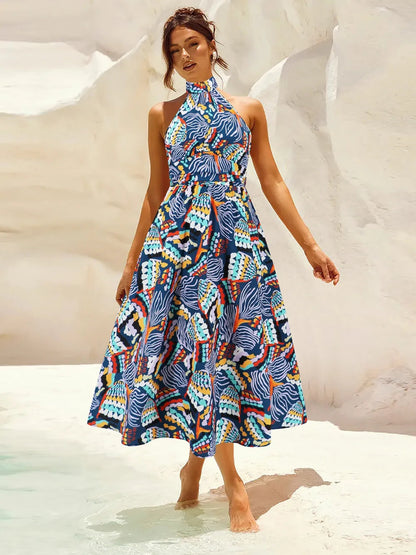 Ruched Printed Halter Neck Midi Dress Trendsi
