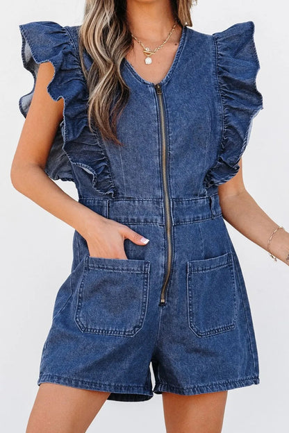 Denim Ruffled Zipped Front Belted Romper Trendsi