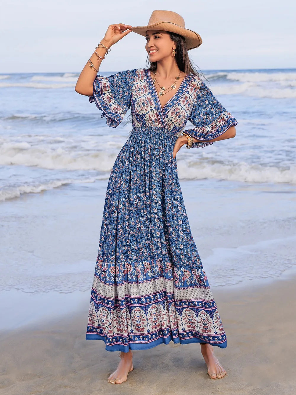 Bohemian Ruched Printed Flounce Sleeve Midi Dress Trendsi