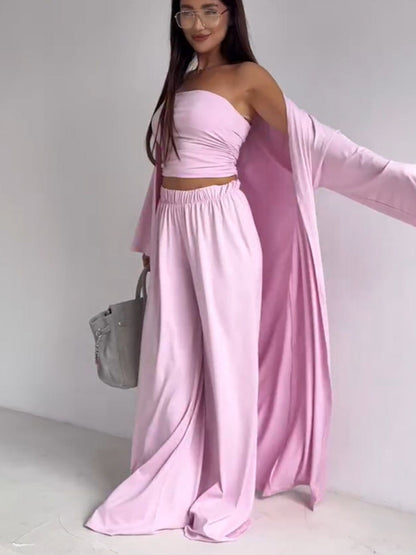 Tube Top, Long Cardigan and Flared Long Pants Three Piece Casual Set  DAME BOHEME