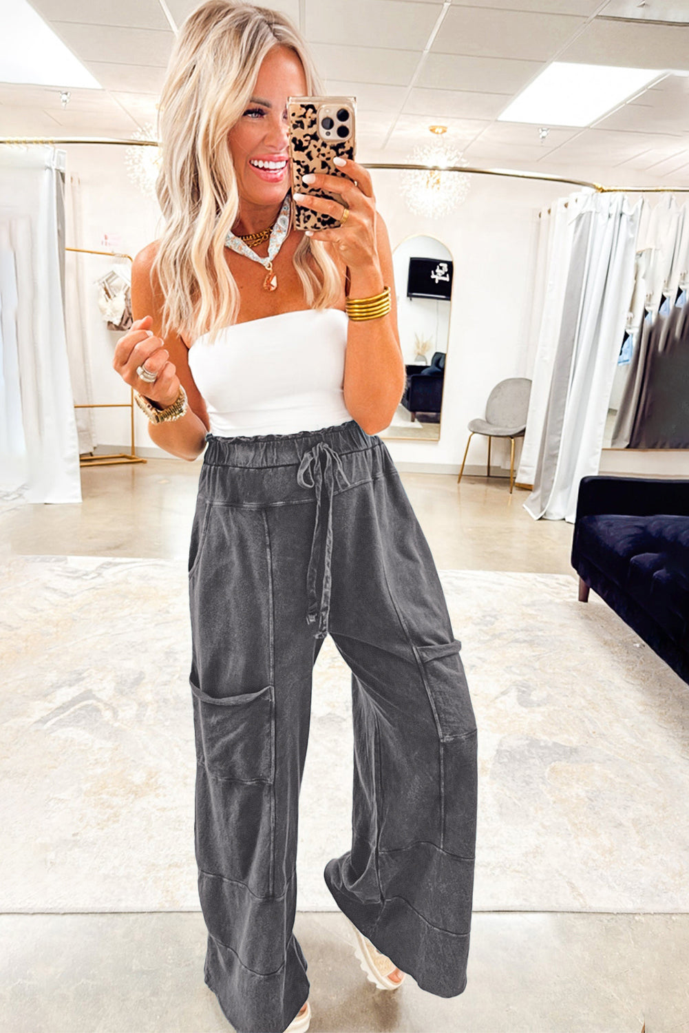 Mineral Wash Knot High Waist Raw Hem Pants  DAME BOHEME