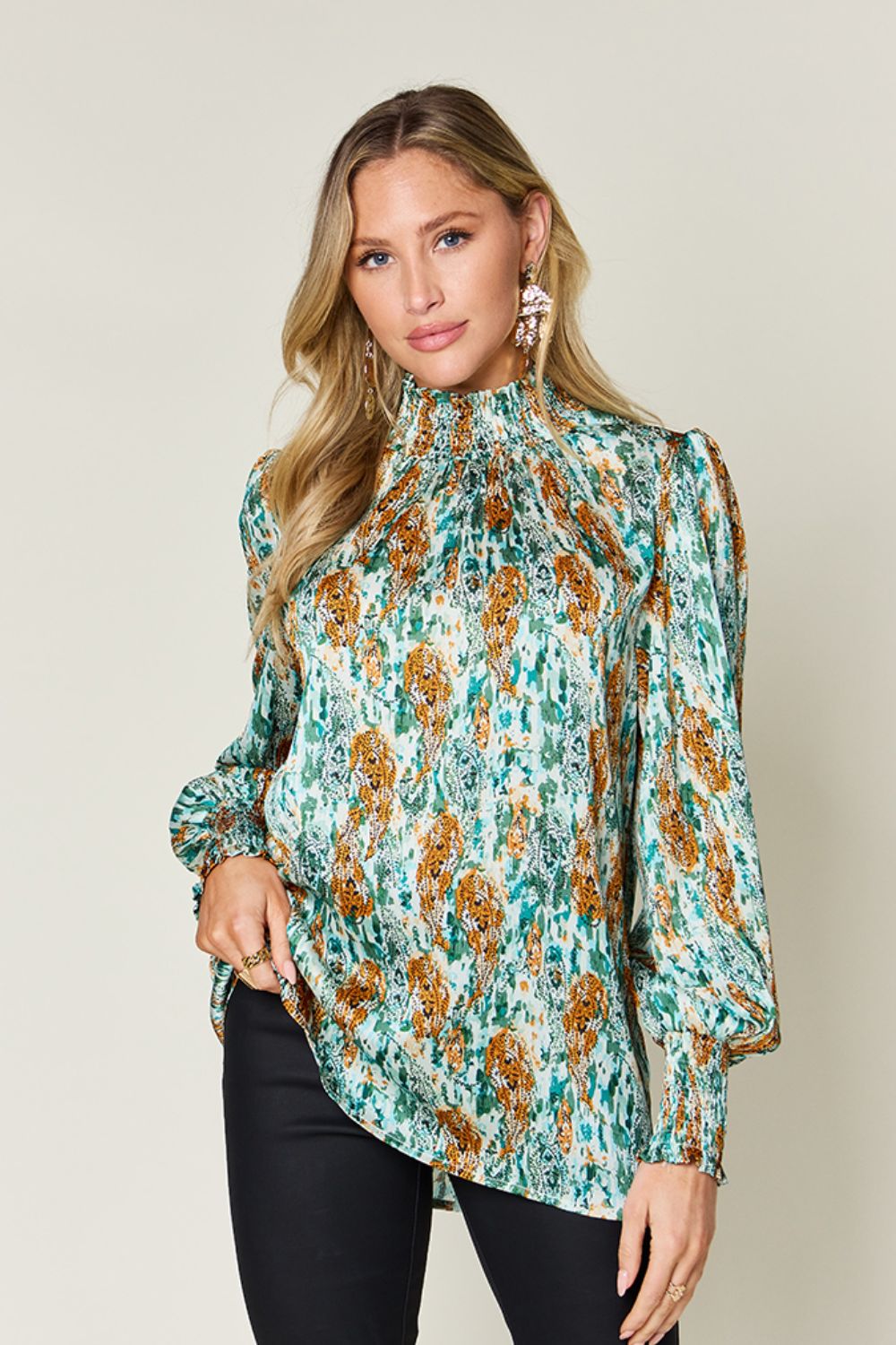 Double Take Full Size Printed Smocked Long Sleeve Blouse  DAME BOHEME