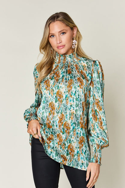 Double Take Full Size Printed Smocked Long Sleeve Blouse  DAME BOHEME