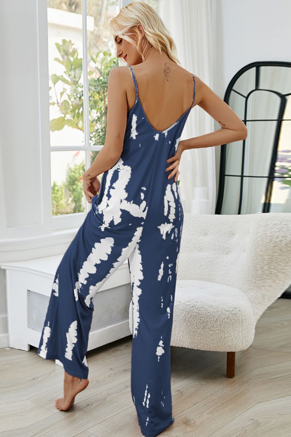 Shiny Tie-Dye Spaghetti Strap Jumpsuit with Pockets Trendsi