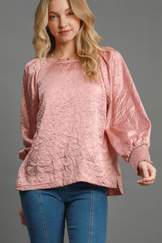Umgee Wrinkled Round Neck Lantern Sleeve Silky Blouse Trendsi