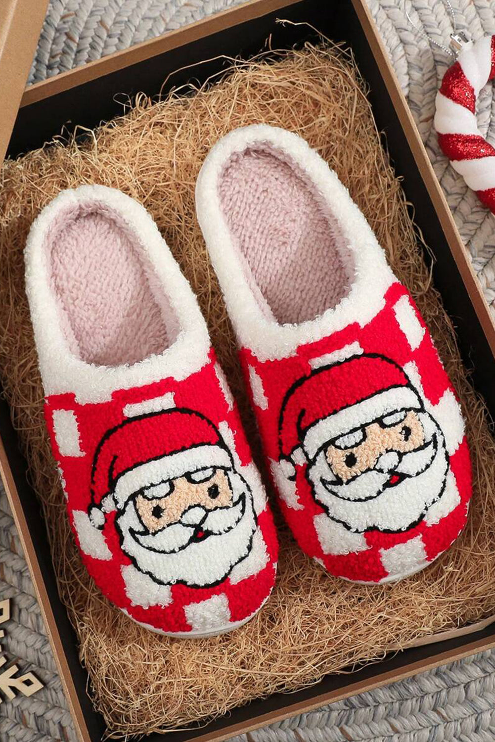 Fiery Red Checkered Santa Claus Graphic Plush Home Slippers  DAME BOHEME