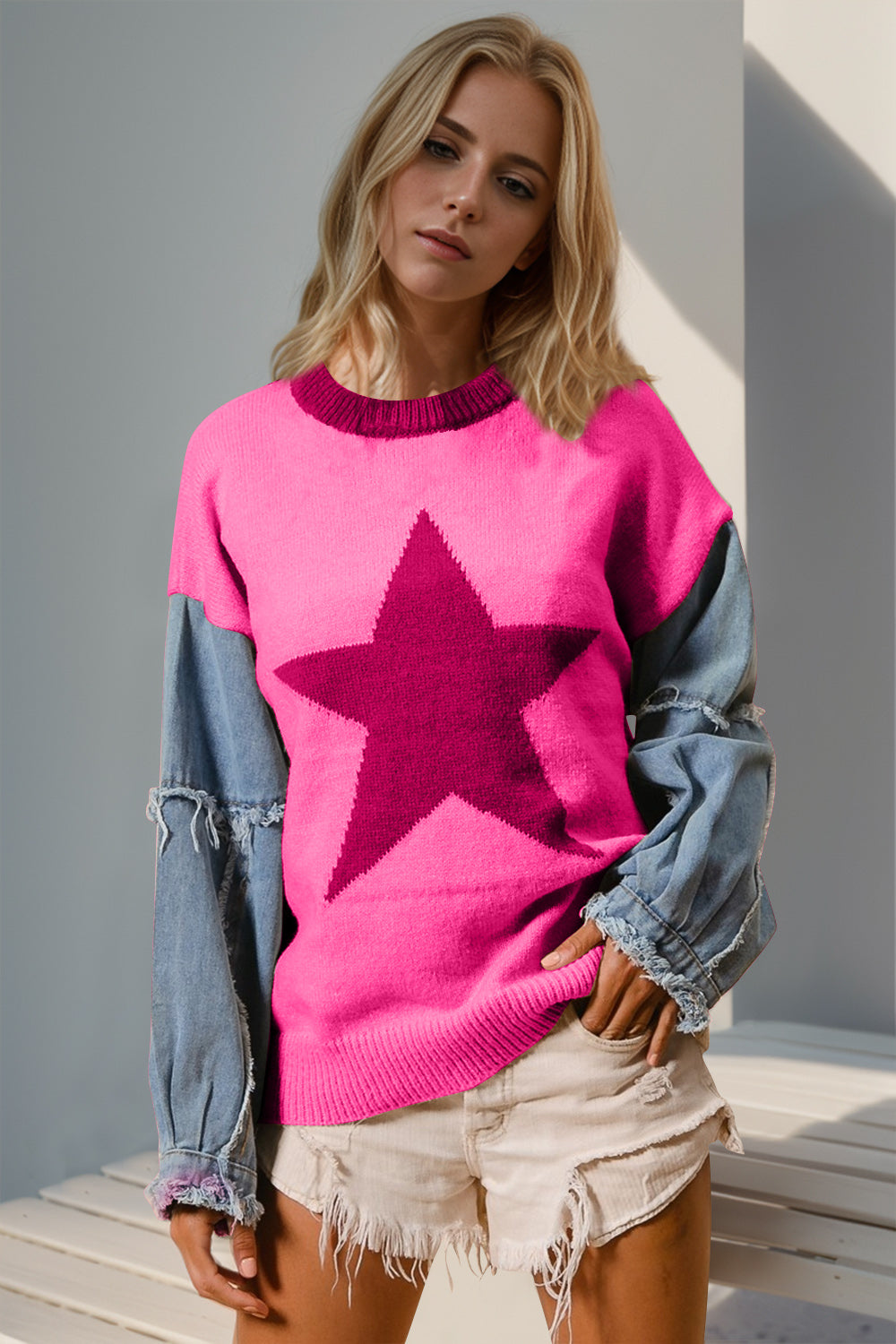 Double Take Full Size Star Pattern Raw Edge Long Sleeve Sweater  DAME BOHEME