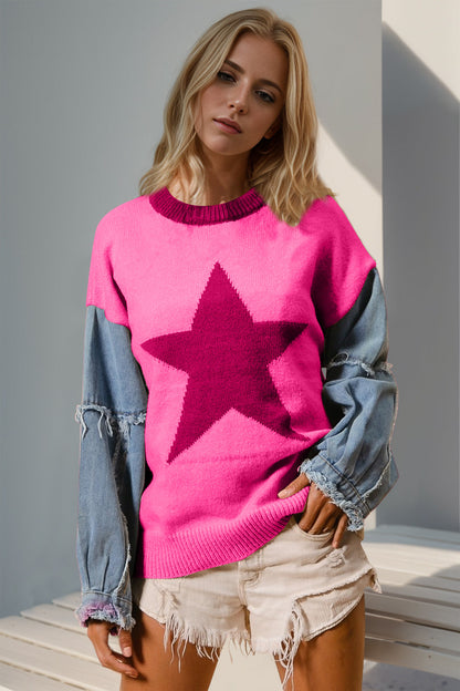 Double Take Full Size Star Pattern Raw Edge Long Sleeve Sweater  DAME BOHEME