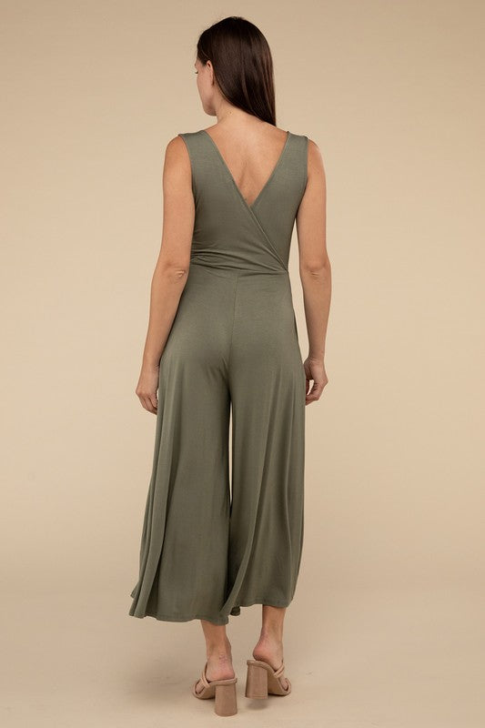 Surplice Neckline Sleeveless Midi Flared Jumpsuit ZENANA