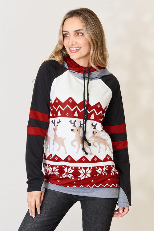 Double Take Full Size Christmas Drawstring Long Sleeve Hoodie  DAME BOHEME