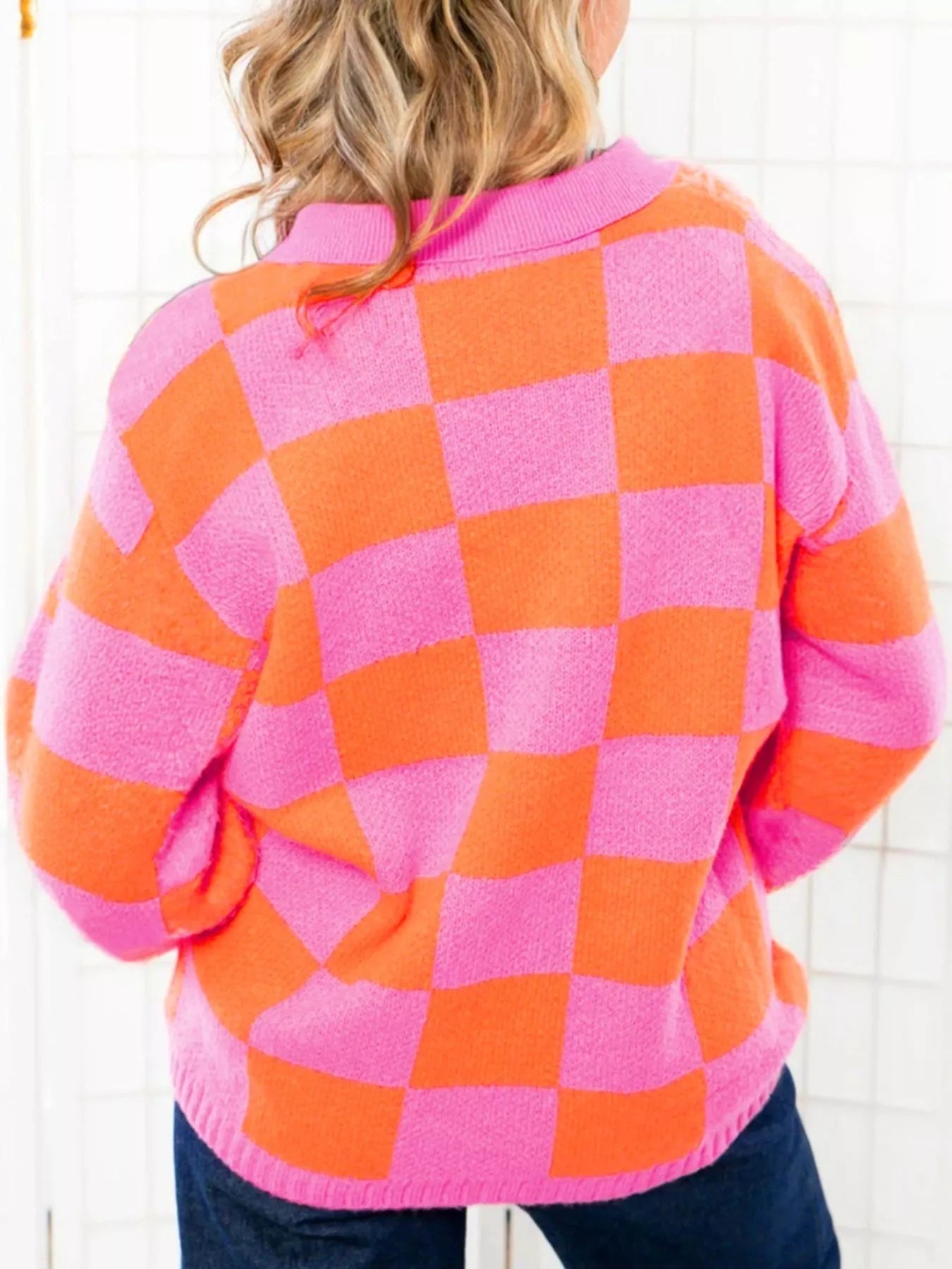 Checkerboard Pattern Half Button Sweater  DAME BOHEME