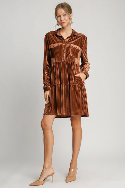 Umgee Texture Tiered Collared Long Sleeve Dress Trendsi