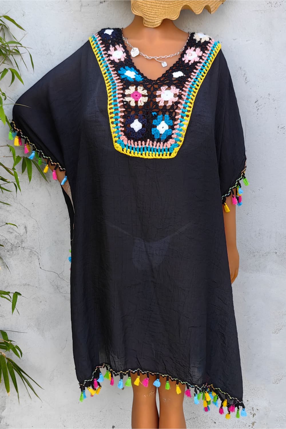 Tassel Detail Embroidery Kimono Dress Cover-up Trendsi