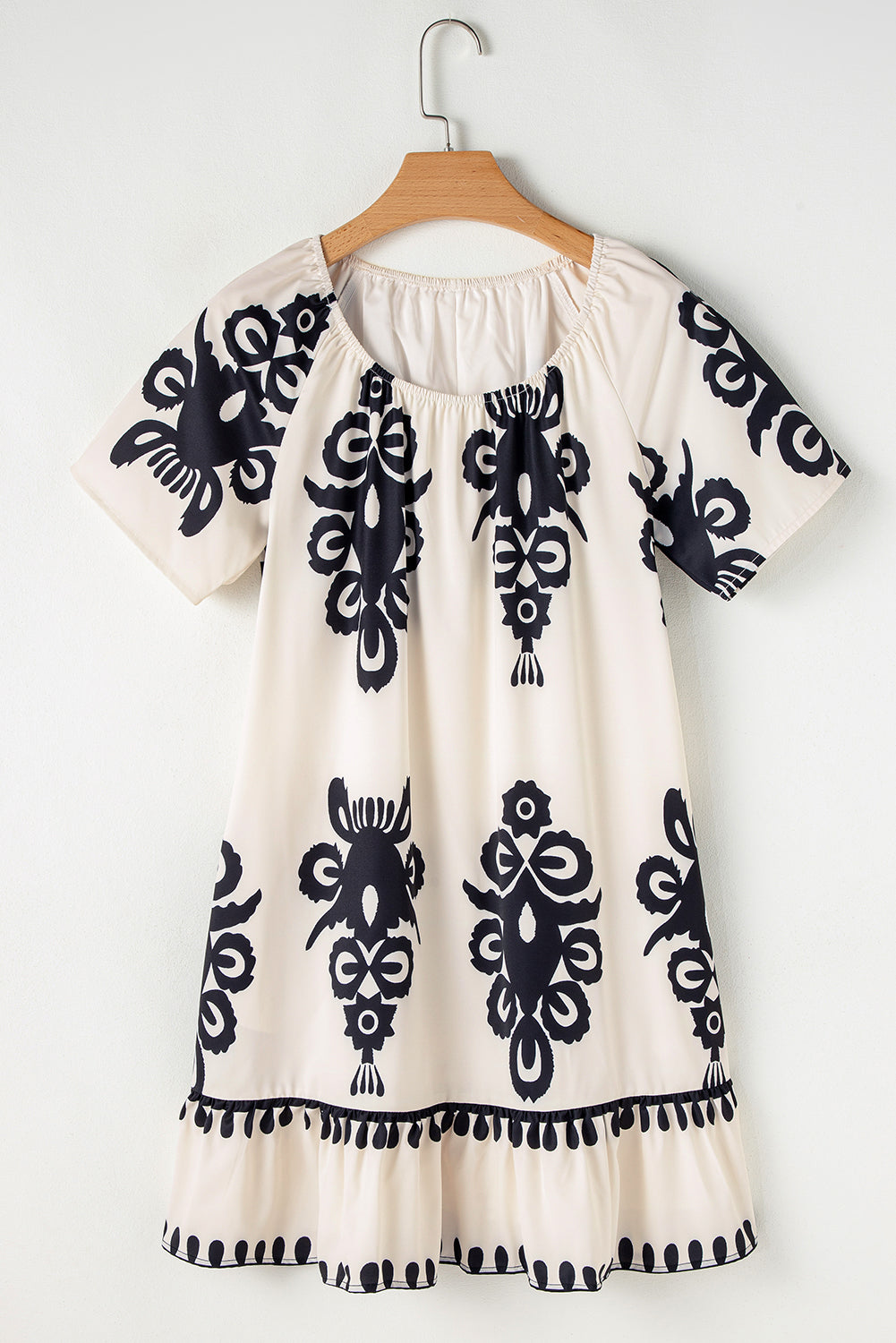 Apricot Ethnic Print Ruffle Hem Loose Mini Dress  DAME BOHEME