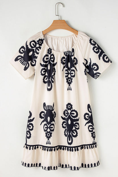 Apricot Ethnic Print Ruffle Hem Loose Mini Dress  DAME BOHEME