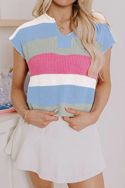 Color Block Notched Cap Sleeve Knit Top  DAME BOHEME