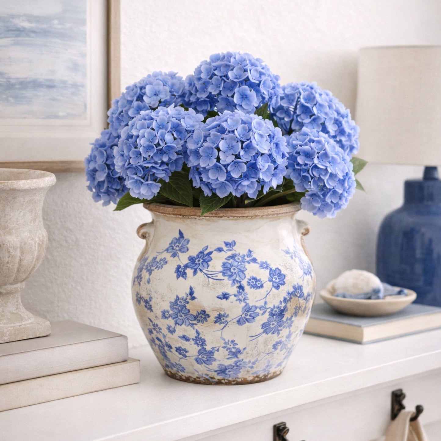 10.5” Tuscan Ceramic Blue Scroll Urn Vase  DAME BOHEME