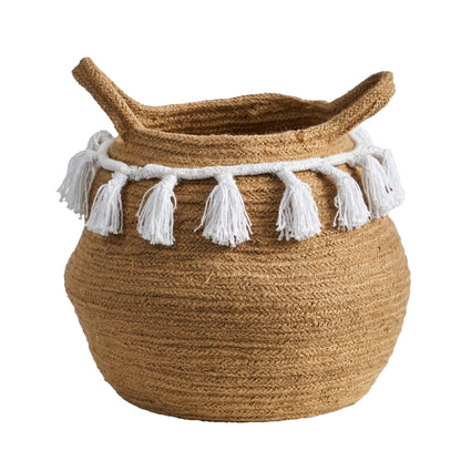 11” Boho Chic Handmade Natural Cotton Woven  Planter with Tassels  DAME BOHEME
