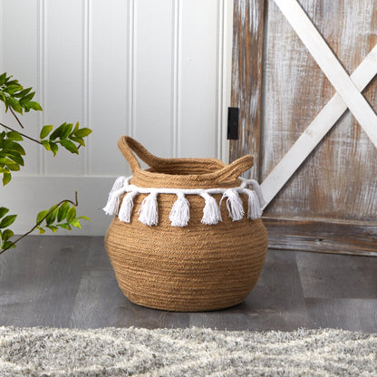 11” Boho Chic Handmade Natural Cotton Woven  Planter with Tassels  DAME BOHEME