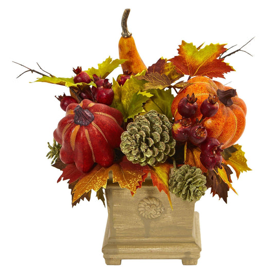 11" Pumpkin, Gourd, Berry and Maple Leaf Artificial Arrangement"  DAME BOHEME