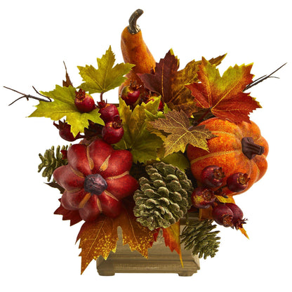 11" Pumpkin, Gourd, Berry and Maple Leaf Artificial Arrangement"  DAME BOHEME