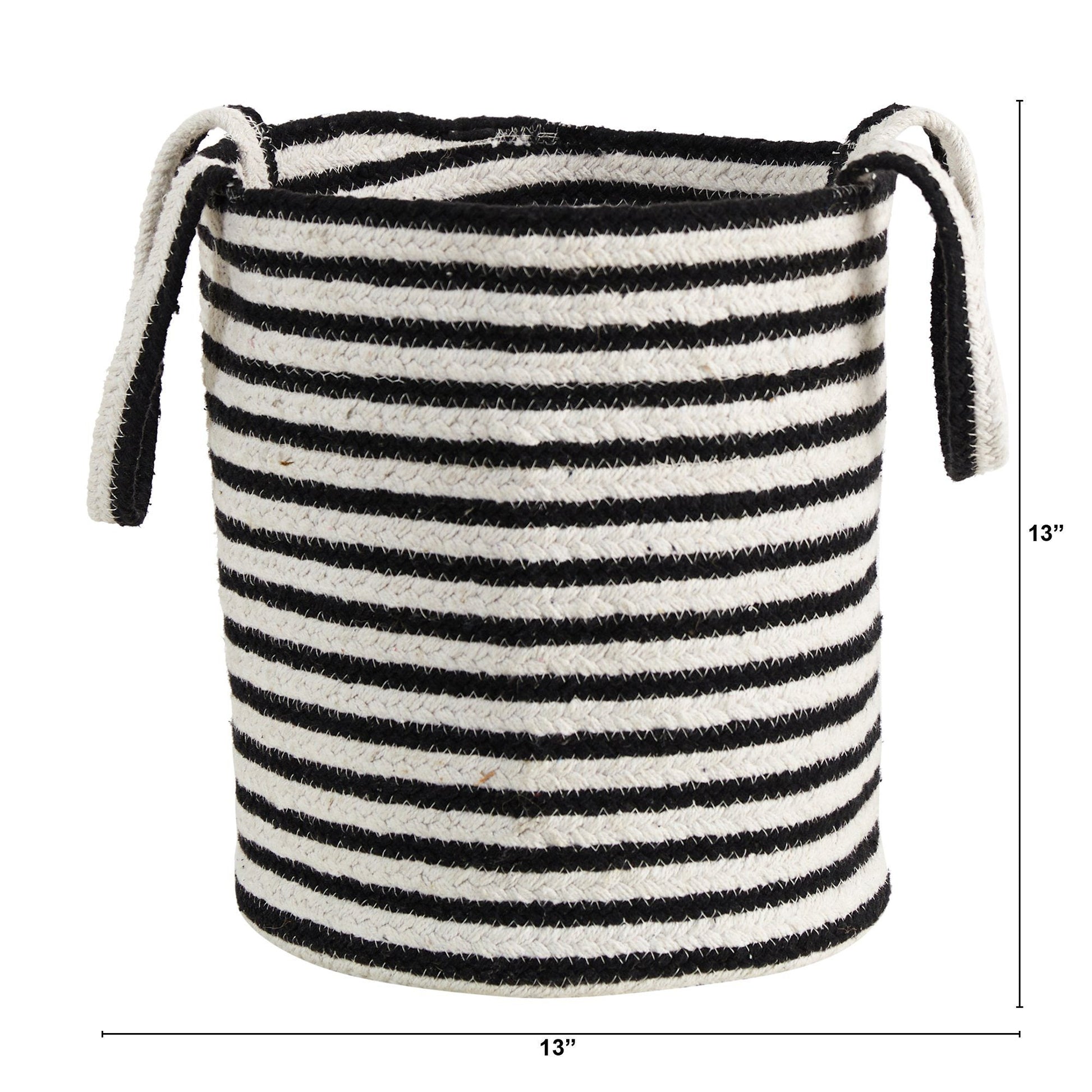 13” Boho Chic Basket Natural Cotton, Handwoven Black and White Stripe with Handles  DAME BOHEME