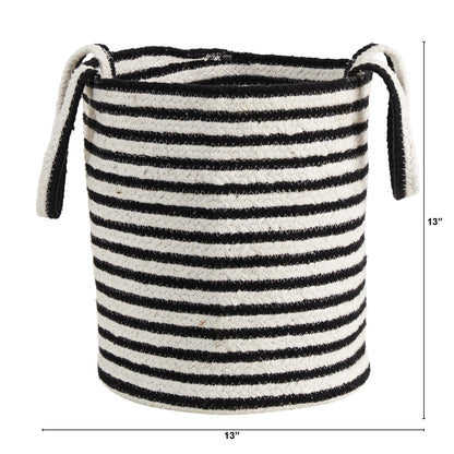 13” Boho Chic Basket Natural Cotton, Handwoven Black and White Stripe with Handles  DAME BOHEME