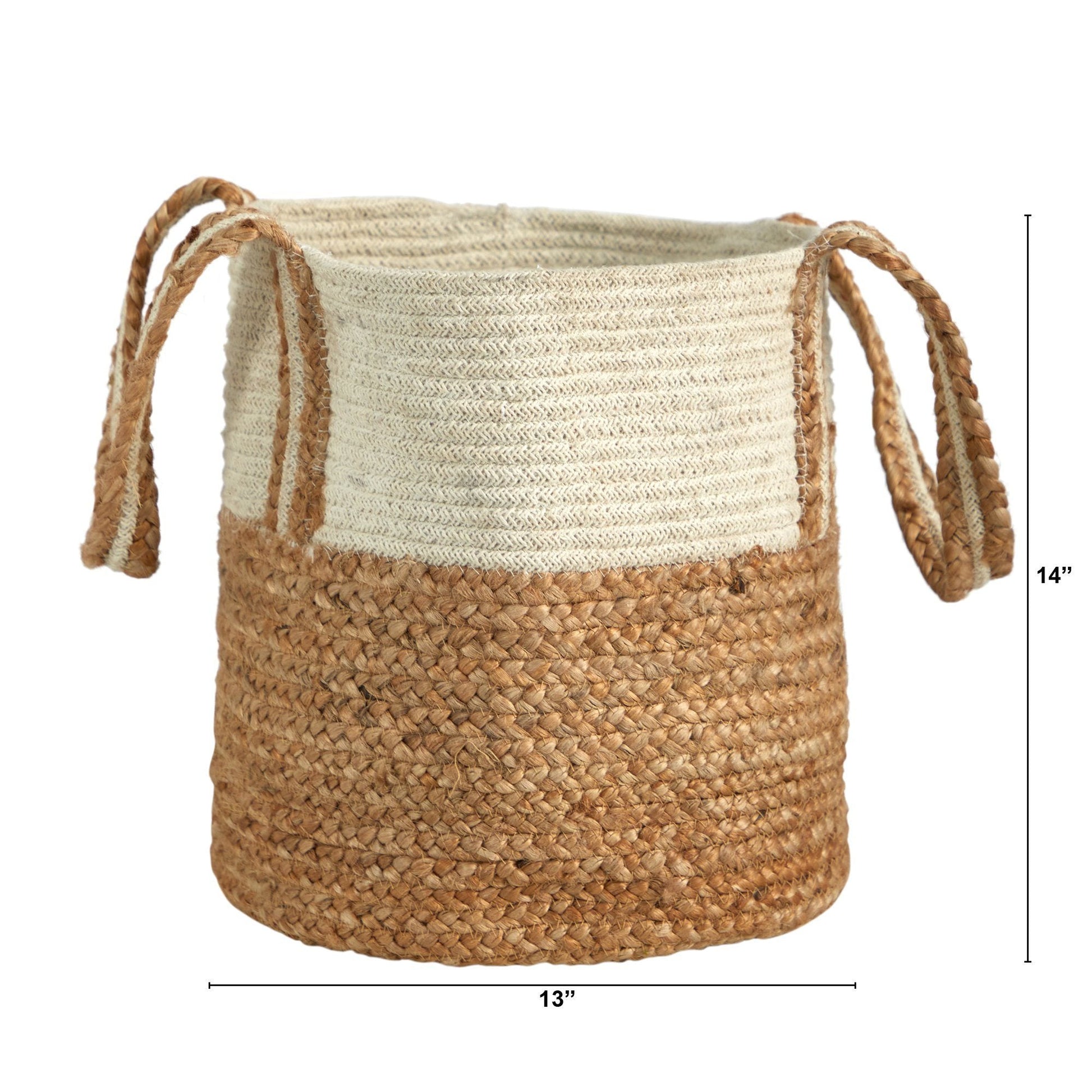 14” Boho Chic Basket Natural Cotton and Jute with Handles  DAME BOHEME