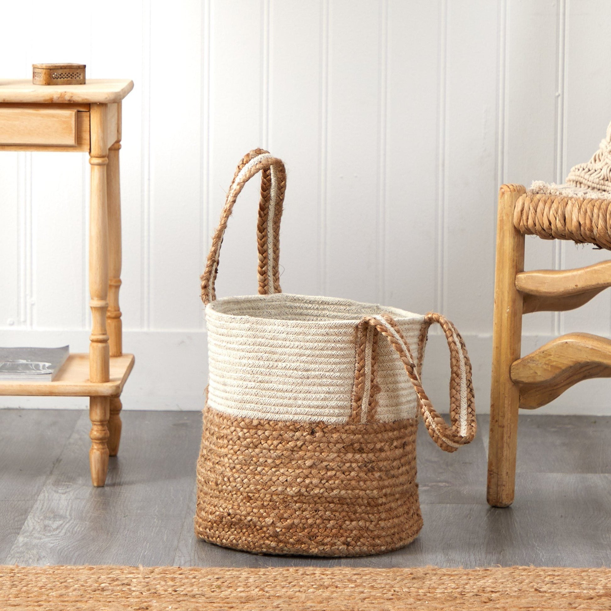 14” Boho Chic Basket Natural Cotton and Jute with Handles  DAME BOHEME