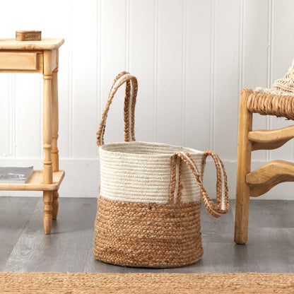 14” Boho Chic Basket Natural Cotton and Jute with Handles  DAME BOHEME