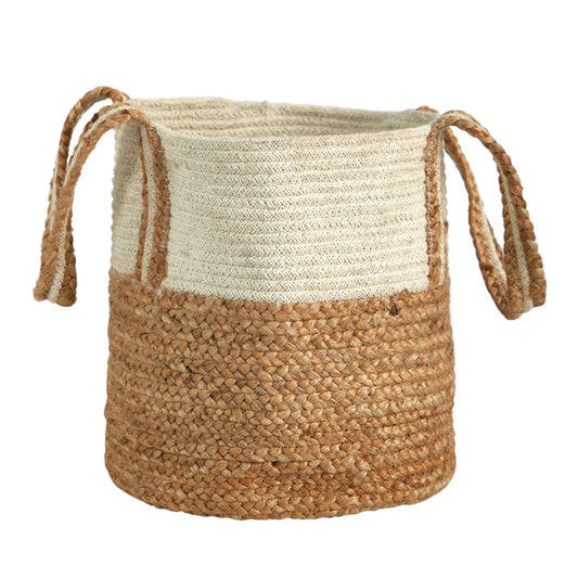 14” Boho Chic Basket Natural Cotton and Jute with Handles  DAME BOHEME