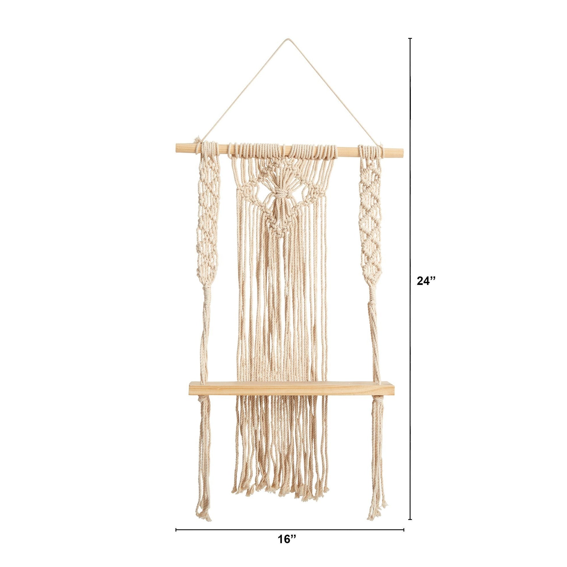 24" Boho Chic Wood Macrame Single Shelf Woven Diamond Wall Art Décor"  DAME BOHEME