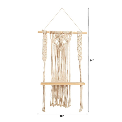 24" Boho Chic Wood Macrame Single Shelf Woven Diamond Wall Art Décor"  DAME BOHEME