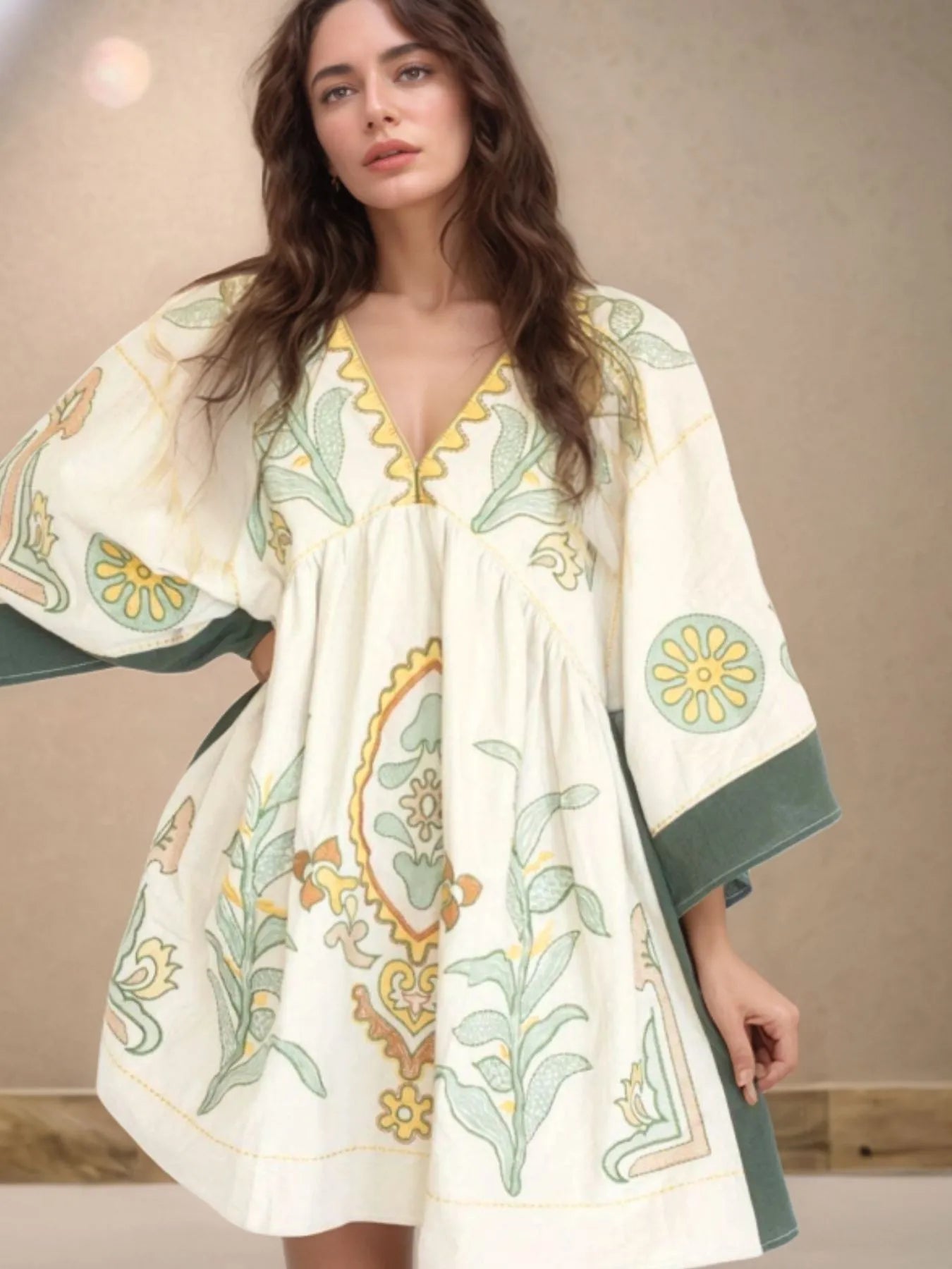 Printed V-Neck Kimono Sleeve Mini Dress Trendsi