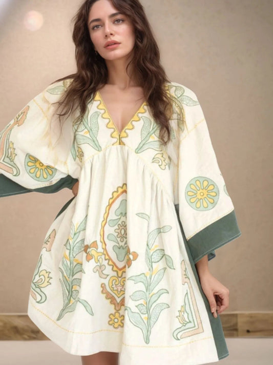 Printed V-Neck Kimono Sleeve Mini Dress Trendsi