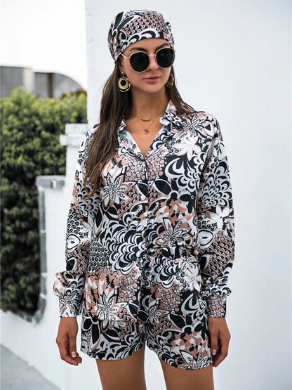 Printed Button Up Long Sleeve Shirt and Shorts 3 Pc Set Trendsi