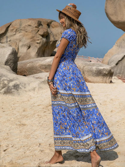 Floral Printed V-Neck Cap Sleeve Maxi Dress Trendsi