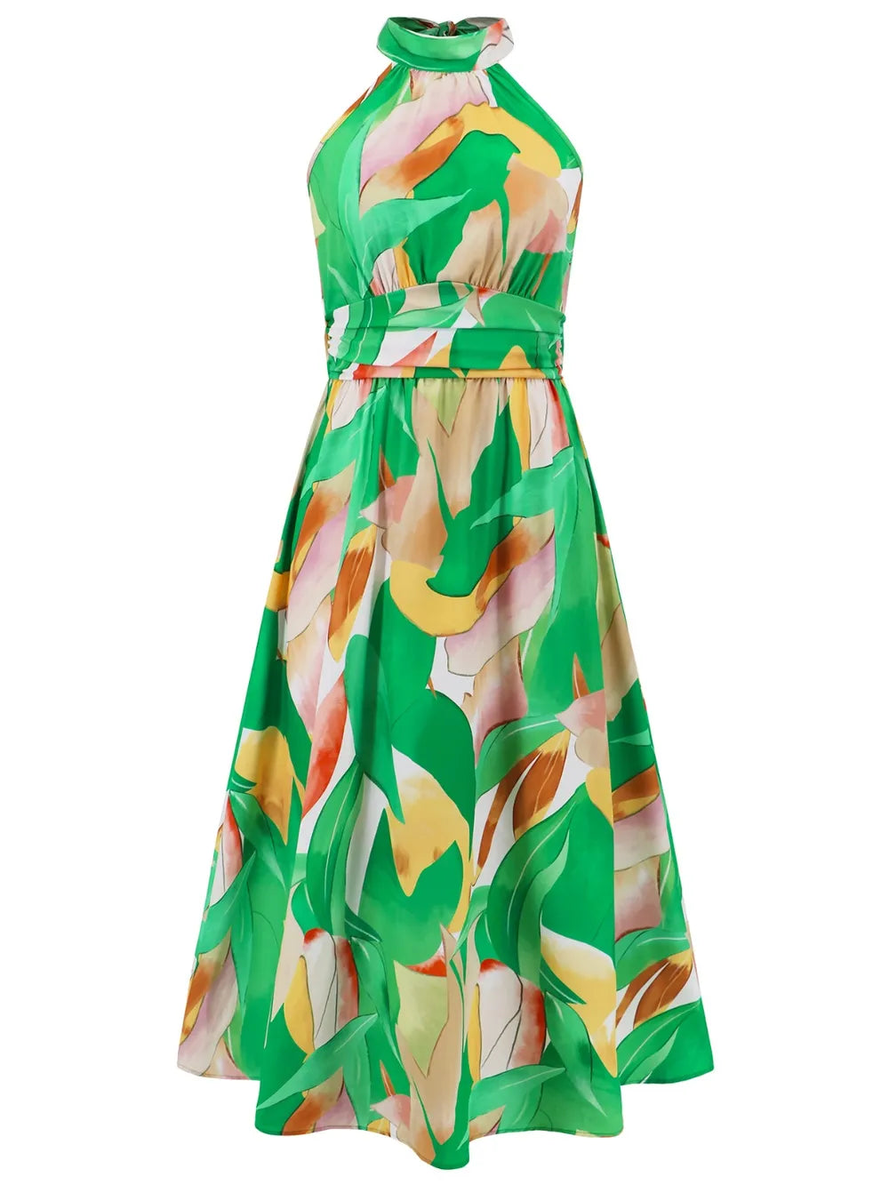 Ruched Printed Halter Neck Midi Dress Trendsi