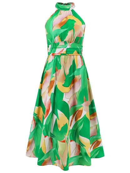 Ruched Printed Halter Neck Midi Dress Trendsi