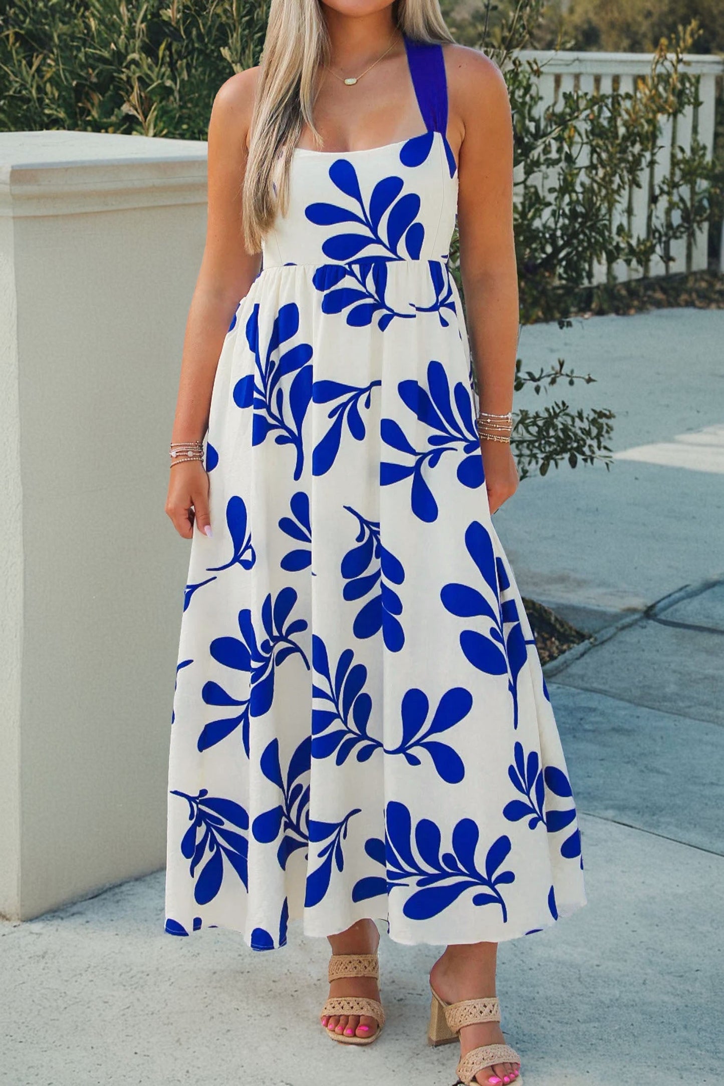 Blue Floral Print Crisscross Tie Back Sleeveless Long Dress  DAME BOHEME