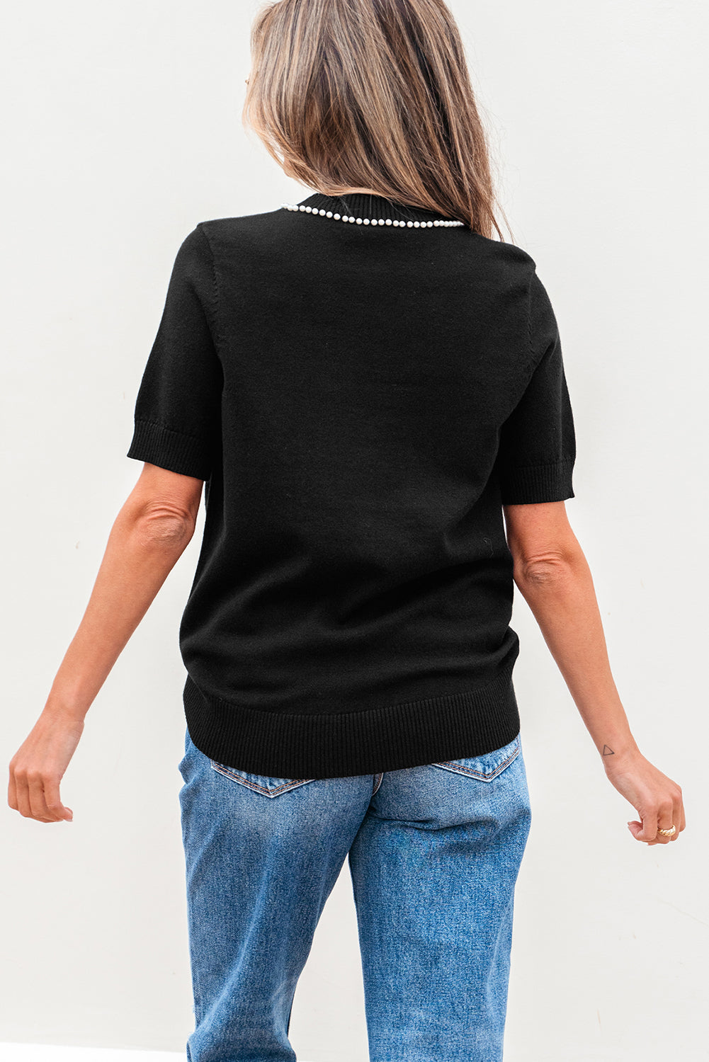 Bria Pearl Bow Short Sleeve Knitted Top  DAME BOHEME