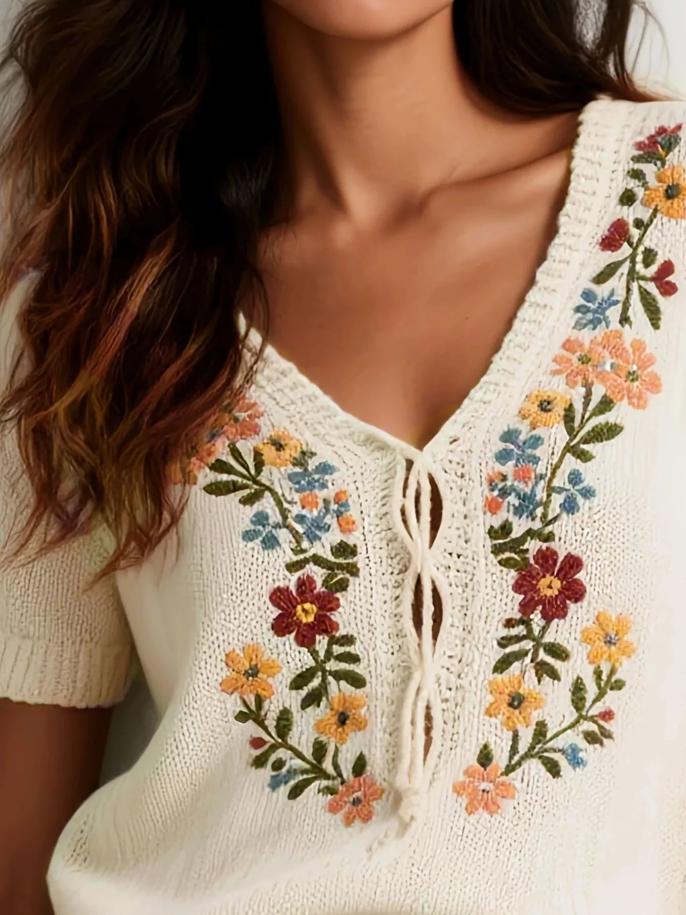 Floral Embroidered Short Sleeve Sweater  DAME BOHEME