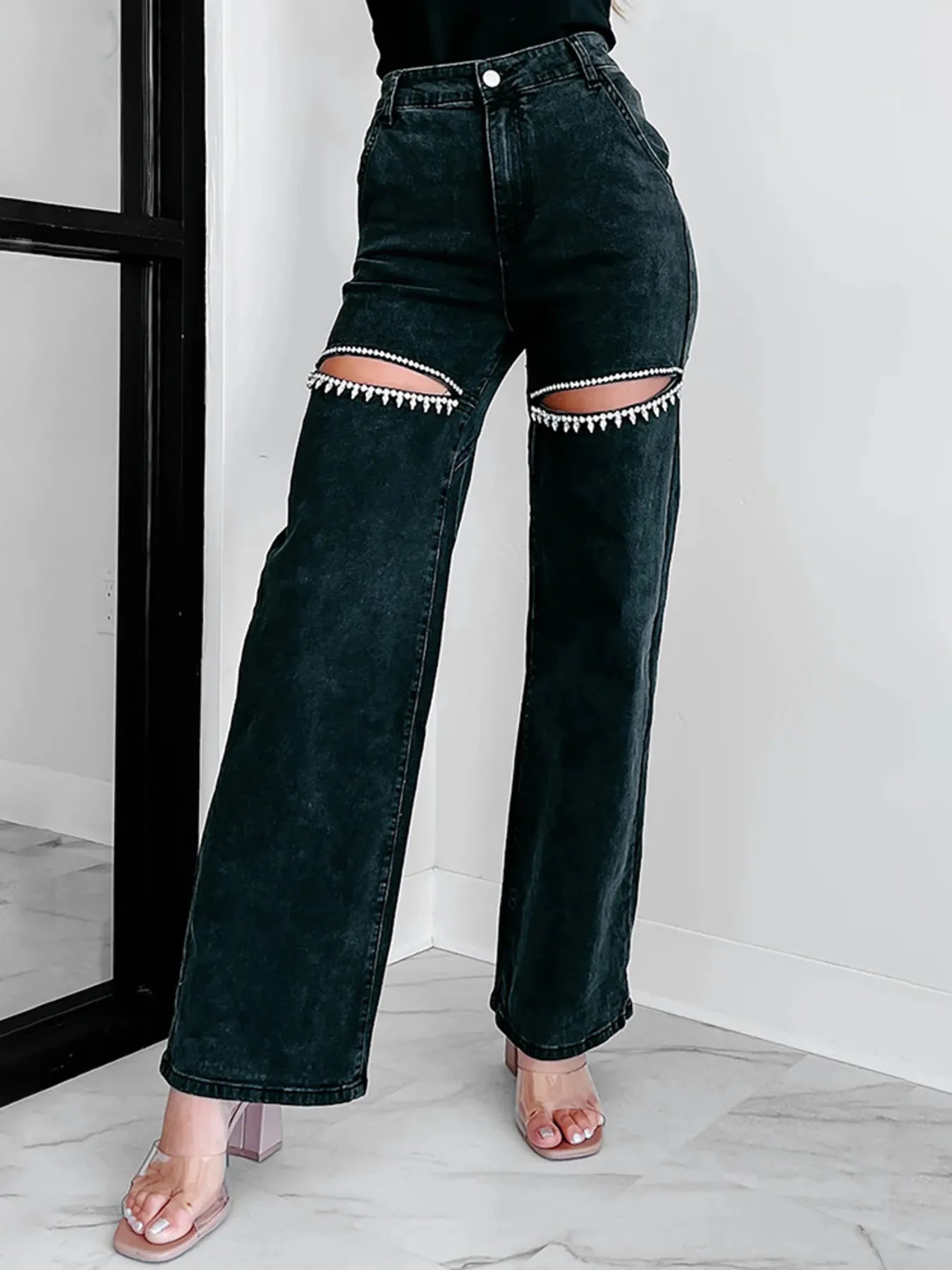 Rhinestones Embellished Cutout Wide Leg Jeans Trendsi