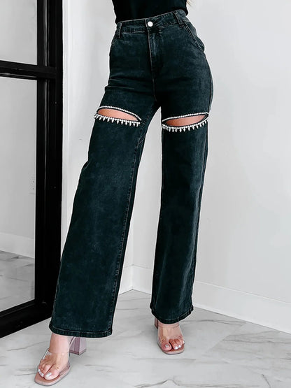 Rhinestones Embellished Cutout Wide Leg Jeans Trendsi