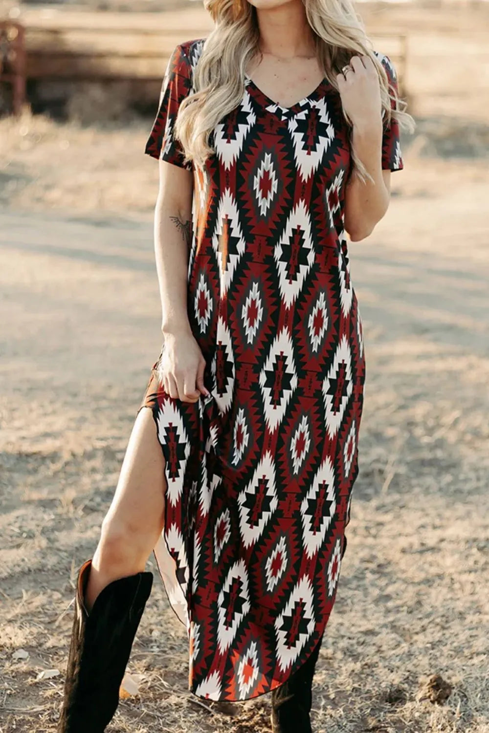 Aztec Print V-Neck Midi Dress Trendsi