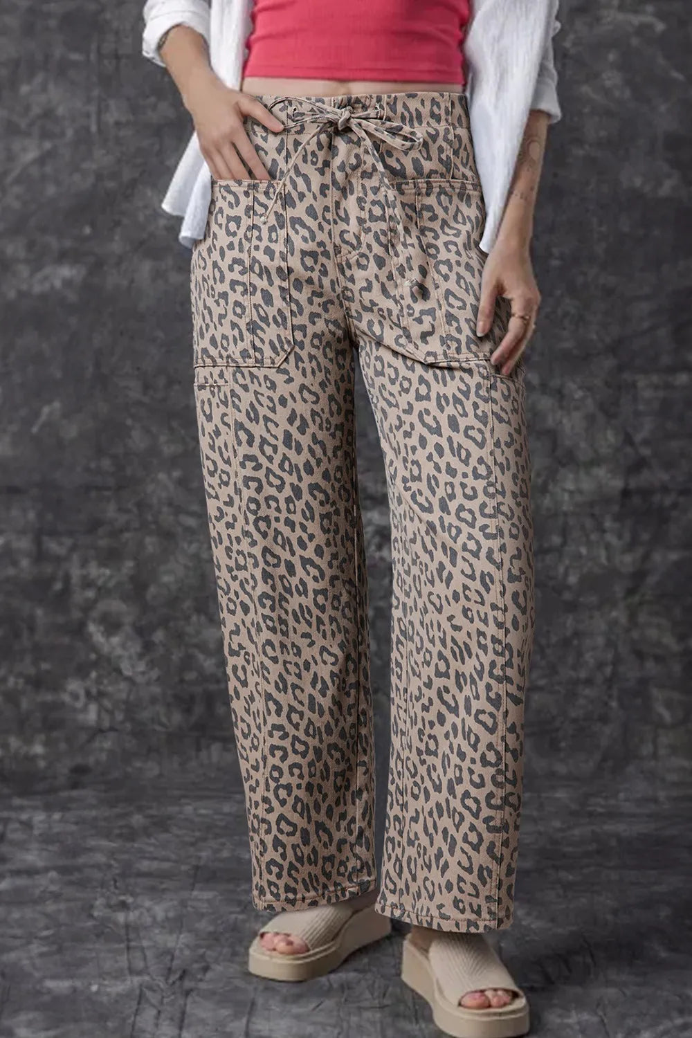 Leopard Printed Drawstring Waist Pocketed Wide Leg Jeans  DAME BOHEME