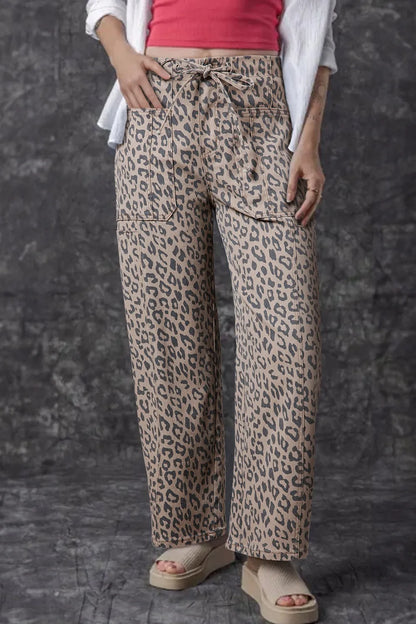 Leopard Printed Drawstring Waist Pocketed Wide Leg Jeans  DAME BOHEME
