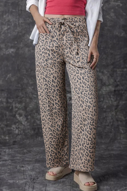 Leopard Printed Drawstring Waist Pocketed Wide Leg Jeans  DAME BOHEME