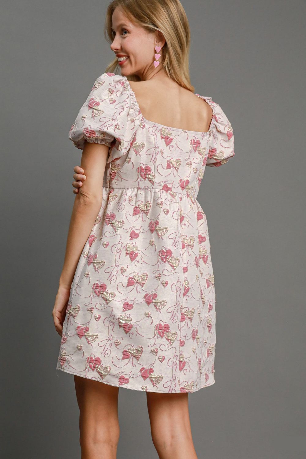 Jacquard Square Neck Puff Sleeve Mini Dress Trendsi